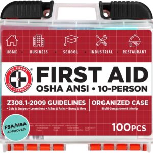 Be Smart Get Prepared OSHA/ANSI First Aid Kit - 10 Person, 100 Pieces - Designed for Home, Business, School, Industrial, and Restaurants - Compact & Portable