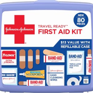 BAND-AID Brand Travel Ready Portable Emergency First Aid Kit, Minor Wound Care, Perfect for Home, Car, Camping, Travel & Outdoor Essentials, Supplies Include Bandages, Neosporin & Tylenol, 80 Piece